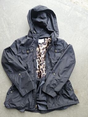Laundry Shelli Segal Leopard Lined Jacket Womens Large Black Hooded